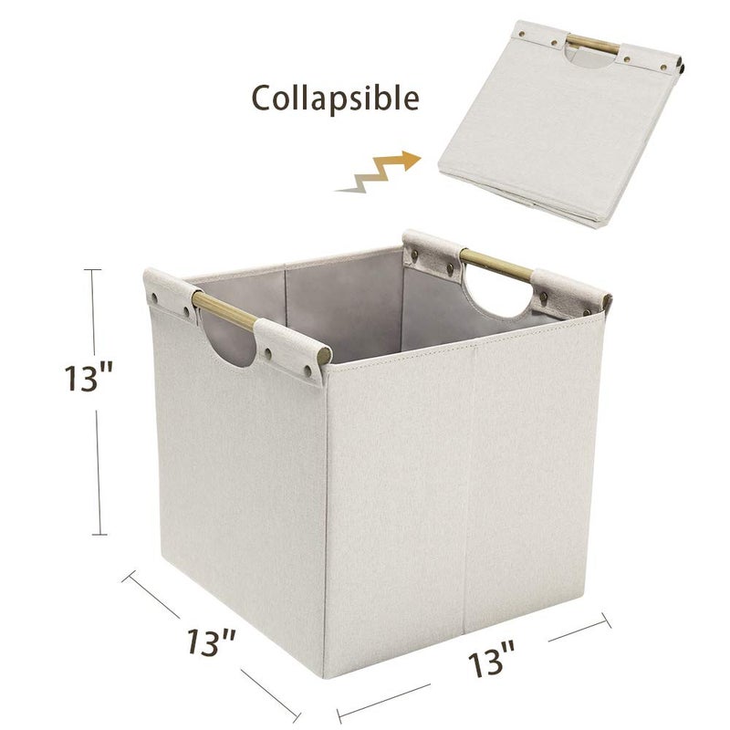HOONEX Collapsible Storage Bins, 13x13x13in Storage Cubes Linen Fabric, 3 Pack, Storage Baskets with Wooden Carry Handles and Sturdy Heavy Cardboard, for Home, Office, Car, Nursery, Beige - Image 5